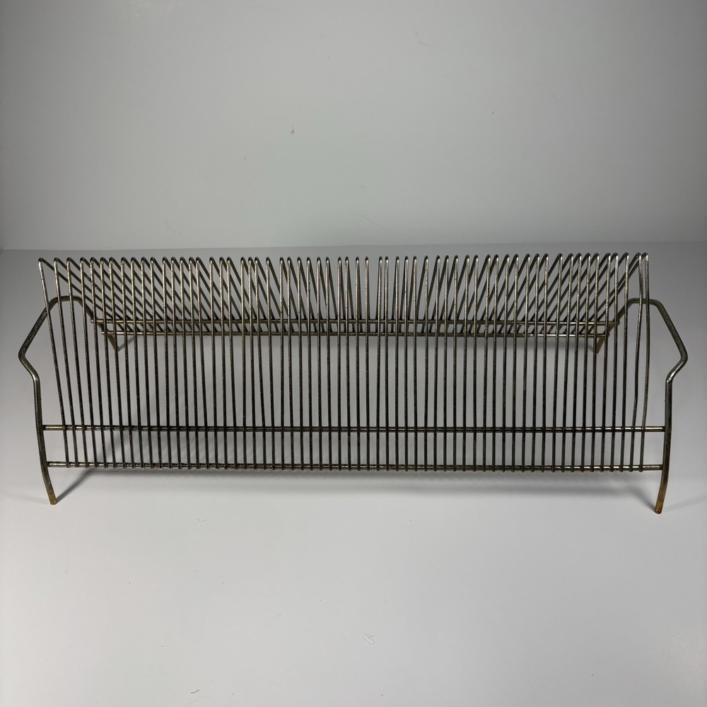 Vintage Vinyl Record Rack 60 Slot Metal Wire Tabletop Gold Tone Mid Century
